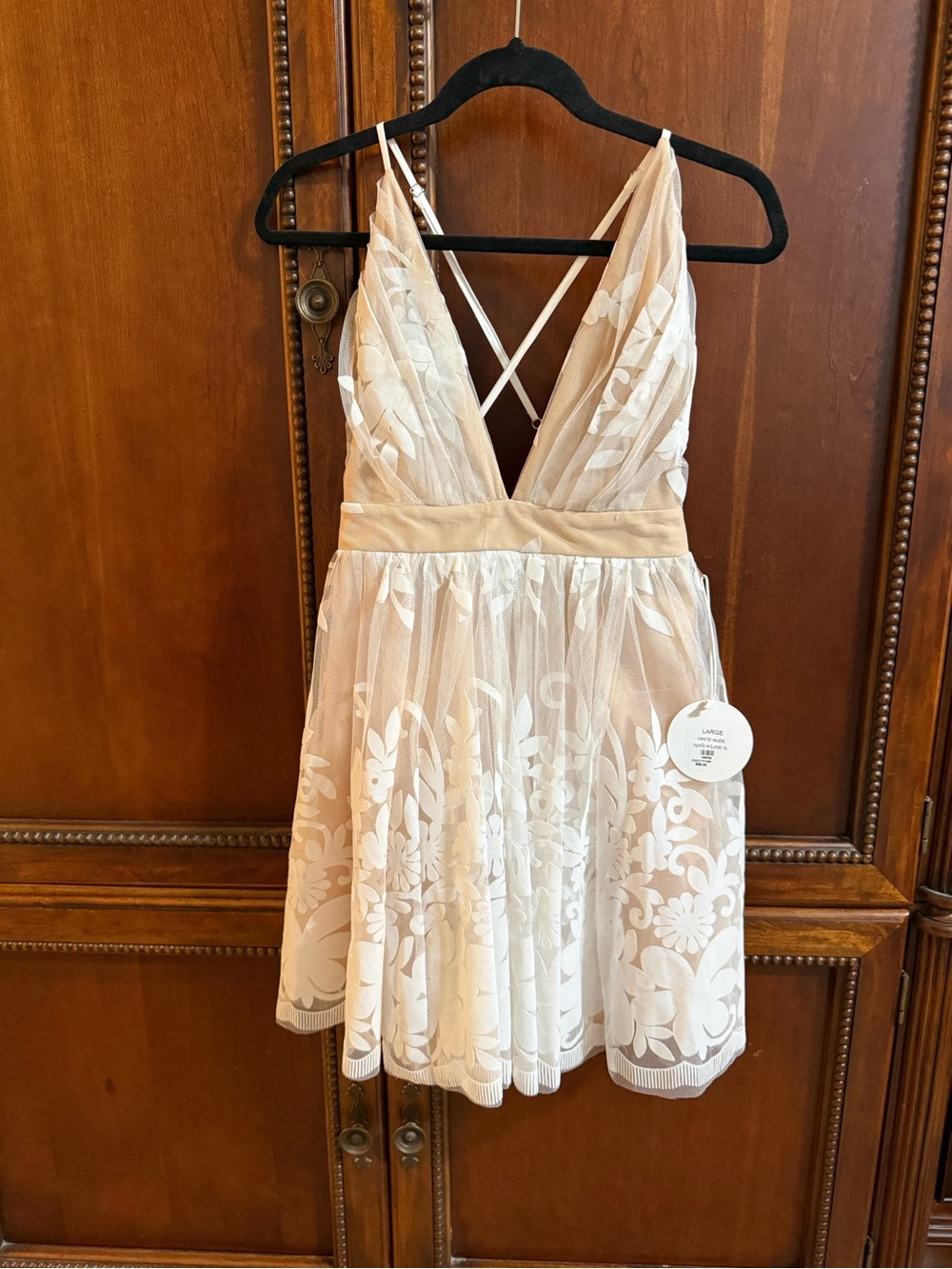 Luxxel Ivory Floral Lace Mini Dress with Crisscross Straps